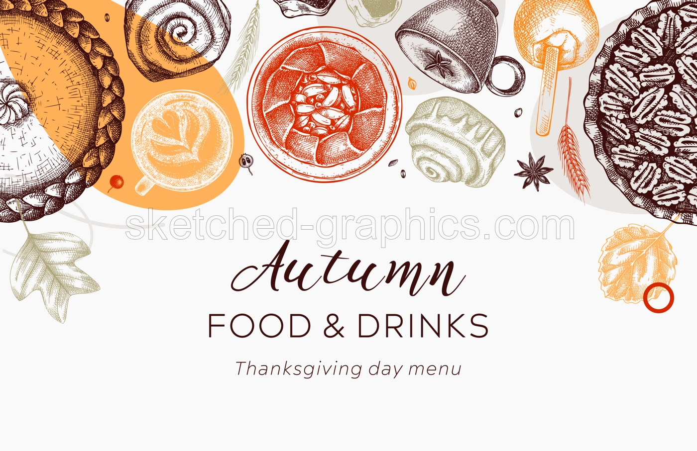 Autumn desserts banner in collage style. Thanksgiving dinner illustrations. Fall festival desserts, pies, cakes, drinks sketches. Sketched fall food background. Thanksgiving table trendy border in col Illustration